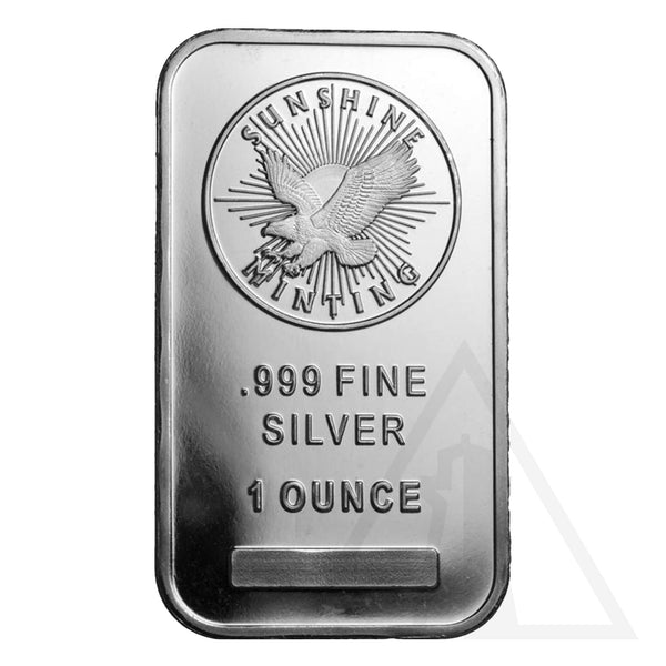 Front of a 1 oz Sunshine Mint silver bar showing the eagle emblem, .999 fine silver purity and one-ounce weight.